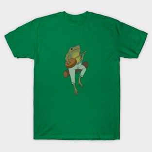 Froggy Serenade: Cute Frog Playing Banjo Guitar and Sitting on a Log T-Shirt